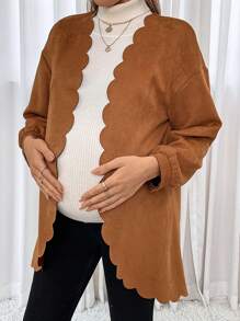 SHEIN Maternity Scallop Trim Open Front Coat - Brown - View 5