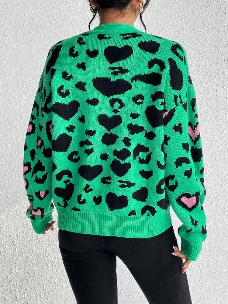 Leopard Pattern Drop Shoulder Cardigan,Long Sleeve Tops Fall Winter Cloth For Women