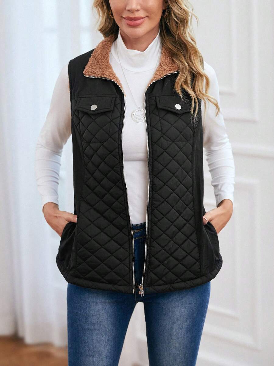 EMERY ROSE Zip Up Teddy Lined Vest Quilted Coat - Black - View 1
