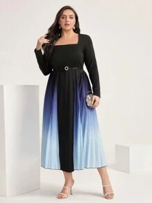Modelyn Plus Ombre Square Neck Pleated Hem Dress Without Belt - Multicolor - View 3