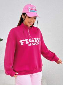 SHEIN EZwear Hơn Đồ họa Chữ cái Thả vai Áo nỉ - Màu Hồng Tươi - Xem 3