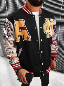 Manfinity LEGND Loose Fit Men's Printed Graffiti Varsity Jacket - Black - View 1