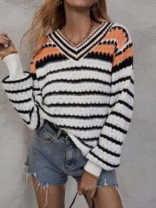 SHEIN LUNE 條紋圖案落肩袖套頭毛衣 - 彩色 - 查看 1