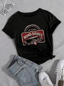 SHEIN Essnce Camiseta con estampado de coche y letra - Negro - Ver 1