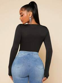 SHEIN SXY Square Neck Slim Fit With Sleeves Black Bodysuit - Black - View 2