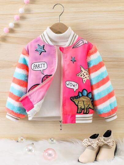 SHEIN Young Girl 1pc Striped Trim Star & Letter Graphic Colorblock Bomber Jacket