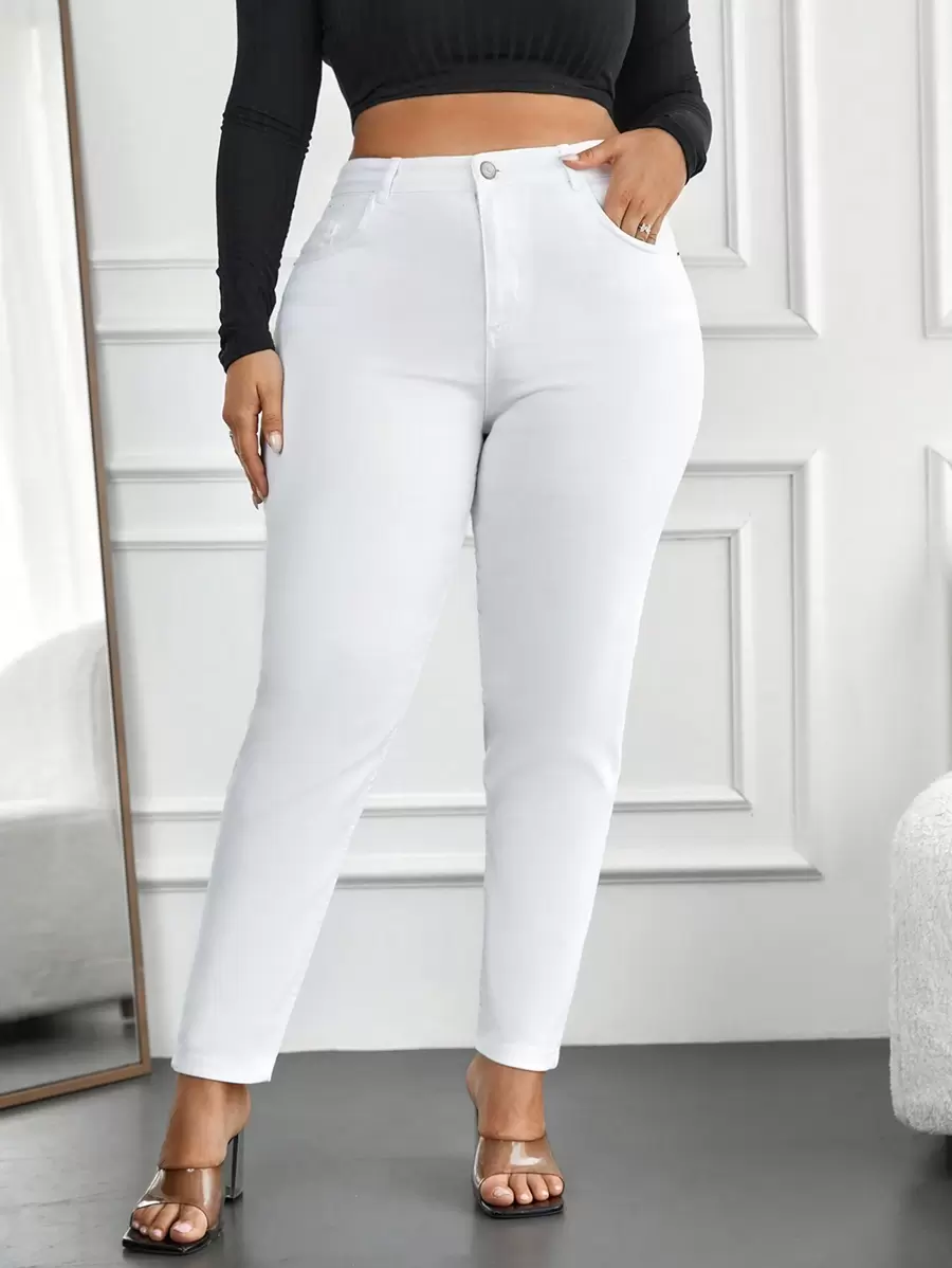 EURMUSE Plus Size  Solid Skinny Jeans - White - View 1