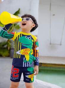 Young Boy Cartoon Graphic Beach Swimsuit - Navy Blue - View 3