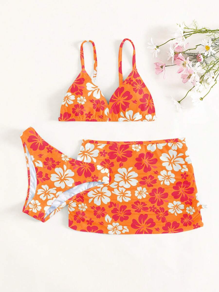SHEIN Swim Tween Girl Floral Print Bikini Set With Beach Skirt Summer Beach - Multicolor - View 1