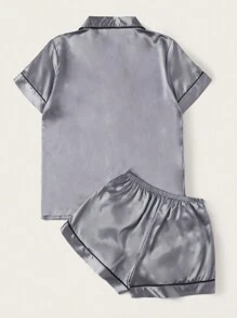 LuxeNights 对比色滚边缎面睡衣套装/睡衣套装 - 灰色 - 查看 2