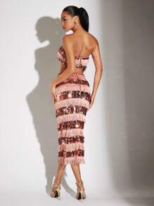 SHEIN BAE Sequin Tube Top & Layered Fringe Trim Skirt