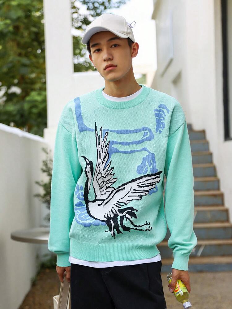 Men Crane Pattern Drop Shoulder Sweater