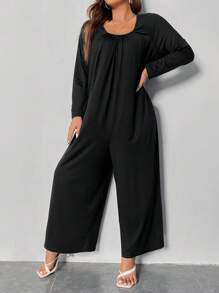 Celure 大碼純色闊腿連身褲 - 黑色 - 查看 3