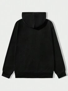 ROMWE MEN Street Life Guys Slogan & Figure Graphic Drawstring Hoodie - Black - View 2