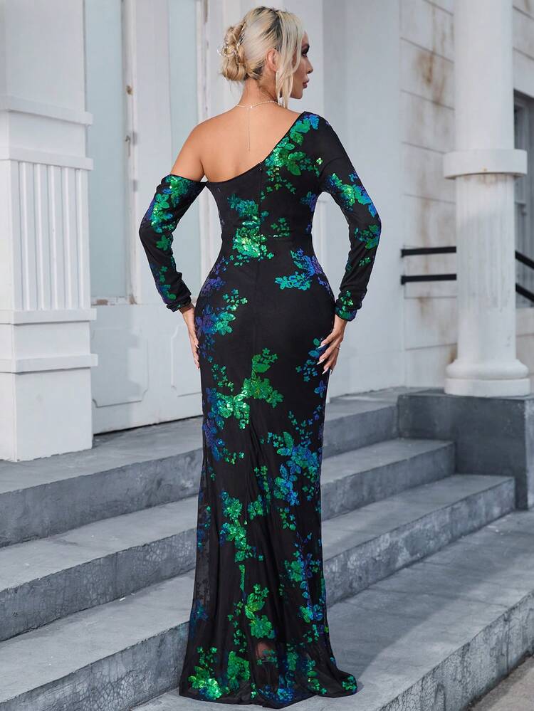 Sequin Floral Pattern Asymmetrical Neck Split Thigh Formal Dress