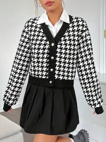 Muchica Houndstooth Print Button Front Jacket - Black and White - View 4