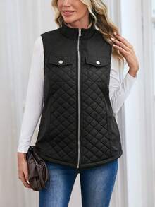 EMERY ROSE Zip Up Teddy Lined Vest Quilted Coat - Black - View 4