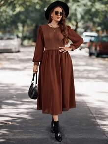 SHEIN LUNE 大碼素色燈籠袖麻花編織拼塊洋裝不附腰帶 - 棕色 - 查看 5