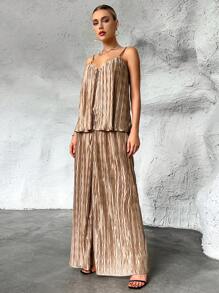 SHEIN Essnce 素色褶皺吊帶上衣和闊腿褲 - 綠色 - 查看 4