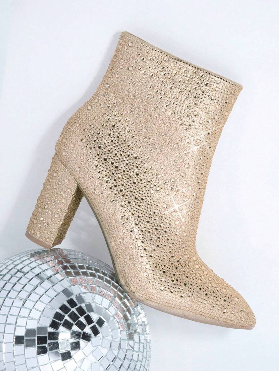 SHUZIA Botas con tacón block de color metálico falso dedo de pie puntiagudo - Champán - Ver 1