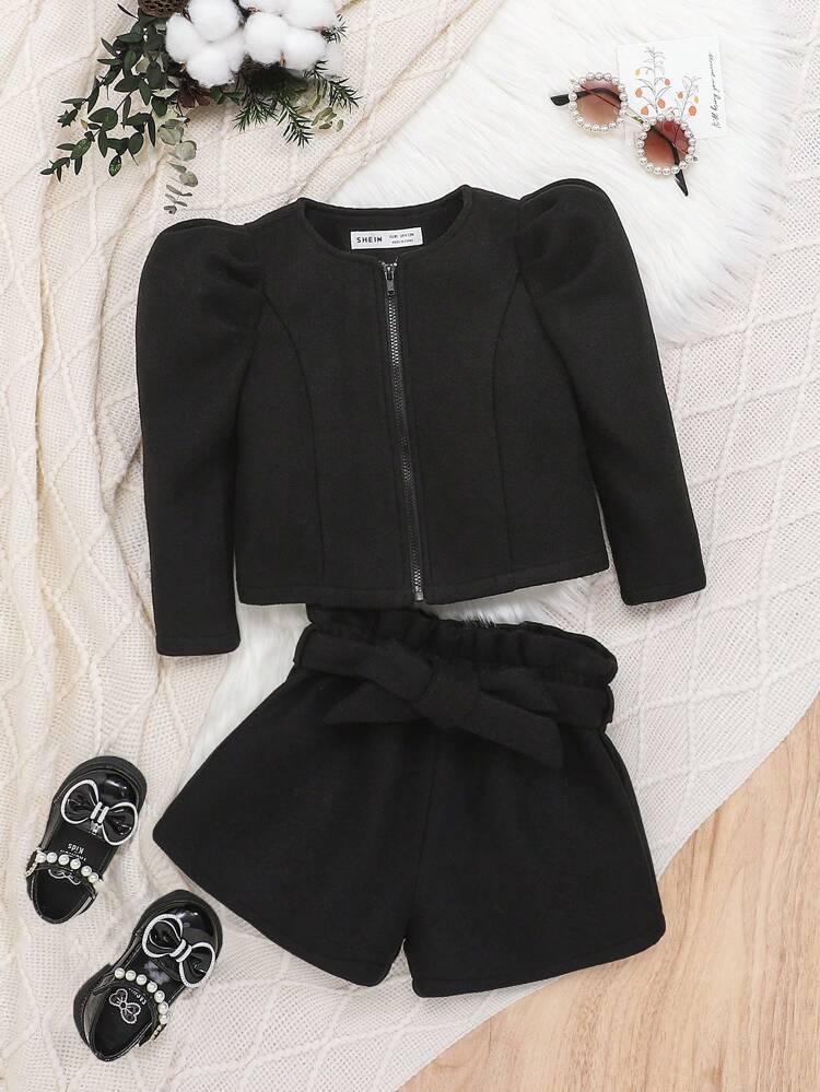 Baby Girl Puff Sleeve Zip Up Jacket & Paperbag Waist Belted Shorts