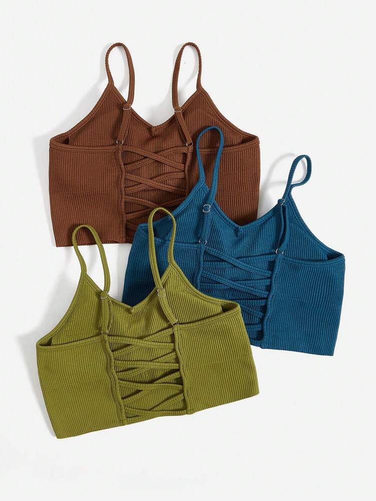 3pcs Solid Ribbed Knit Sports Bra