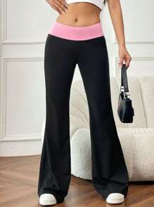 SHEIN EZwear Two Tone Flare Leg Pants - Pink - View 1