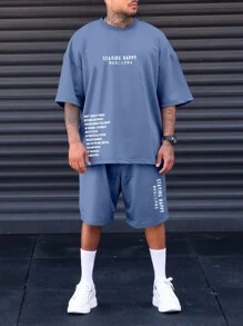 Manfinity 男士大码標語圖案T恤和短褲 - 藍色 - 查看 4