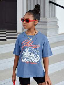 SHEIN Tween Girl Motorcycle & Letter Graphic Drop Shoulder Tee - Dusty Blue - View 3