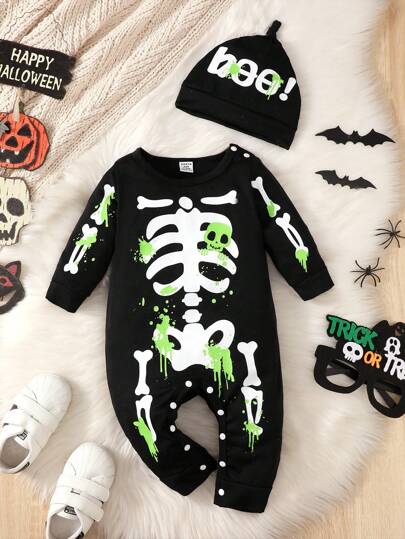 男婴万圣节骷髅印花连体衣和帽子，适合万圣节派对