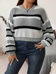 Flirla Áo len hở vai họa tiết sọc, cho mùa đông - Xám - Xem 5