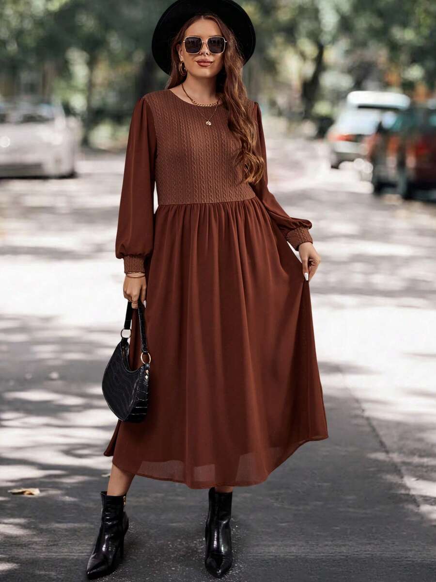 SHEIN LUNE 大碼素色燈籠袖麻花編織拼塊洋裝不附腰帶 - 棕色 - 查看 1