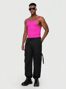 ROMWE MEN Street Life 男士帶扣細節側翻蓋口袋腰部抽繩工裝褲 - 黑色 - 查看 2