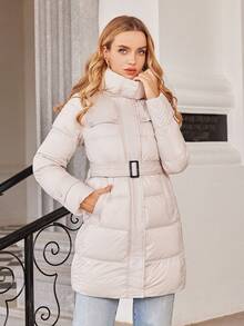 拉链扣带腰带连帽夹棉大衣 - 米色 - 查看 2