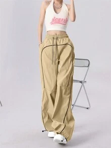 Quần thể thao thường ngày chắp vá có dây rút ở eo dành cho nữ - Màu Khaki - Xem 5