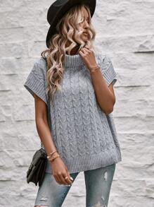 SHEIN LUNE Turtleneck Batwing Sleeve Cable Knit Sweater Vest - Grey - View 5