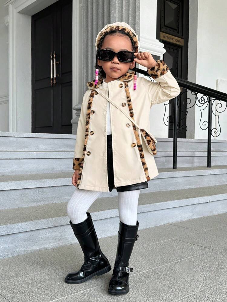 Young Girl Leopard Print Double Breasted Coat With Bag