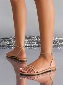 Women's Fashionable Round Toe Metal Strap Flat Sandals With Ankle Strap & Comfortable Design,Spring Summer Outfits - Khaki - View 4