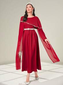 Al Najma Burgundy Red Contrast Mesh Cloak Sleeve Rhinestone Detail Dress Without Belt Kaftan Jalabiya Dress - Burgundy - View 1