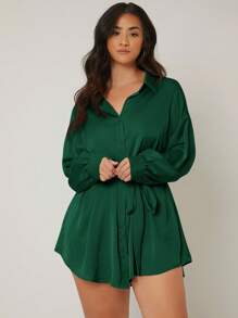 SHEIN Essnce Hơn Thả vai Thắt lưng Áo sơ mi - Màu xanh lá cây đậm - Xem 3