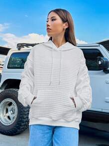 SHEIN LUNE Kangaroo Pocket Drop Shoulder Drawstring Hoodie - White - View 5