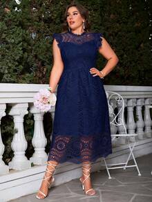 Plus Guipure Lace Overlay Ruffle Trim Lace Dress - Blue - View 5
