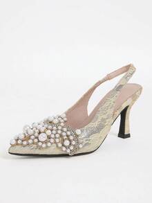 女性珍珠&水鑽裝飾的華麗婚禮高跟鞋,性感尖頭派對禮服高跟鞋,隨機有圖案的鞋表面 - 杏色 - 查看 2