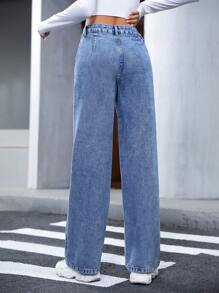 SHEIN Privé 口袋貼花直筒牛仔褲 - 藍色 - 查看 2