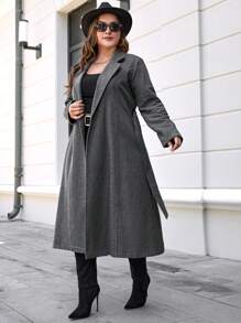 RueChic Plus Lapel Neck Open Front Belted Overcoat - Dark Grey - View 3
