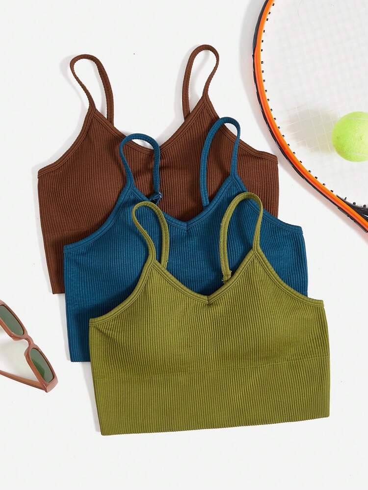 3pcs Solid Ribbed Knit Sports Bra