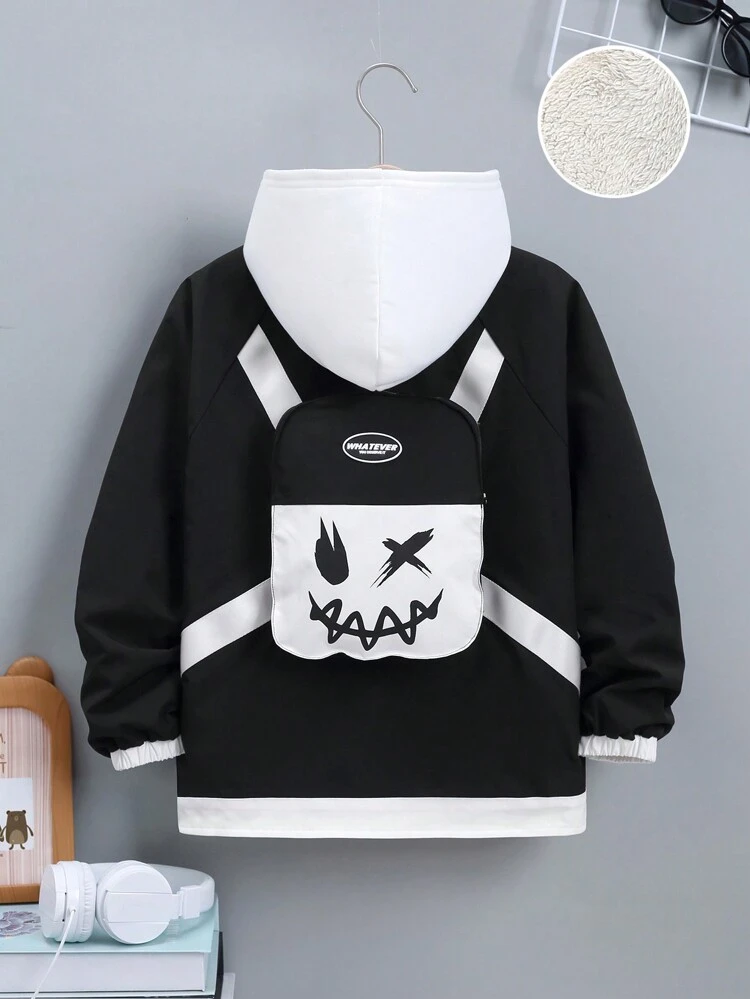 Tween Boy Cartoon Graphic Thermal Lined Coat Without Hoodie