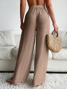 Elenzga 素色前繫帶闊腿罩衫長褲 - 卡其色 - 查看 2