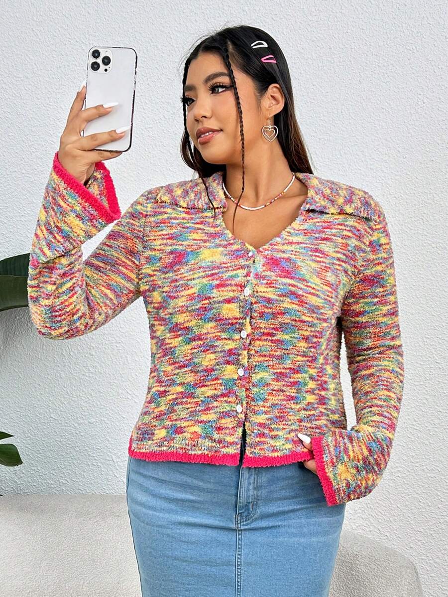 SHEIN EZwear Plus Space Dye Contrast Binding Button Front Cardigan - Multicolor - View 1