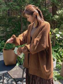 DAZY Solid Drop Shoulder Cardigan - Coffee Brown - View 8